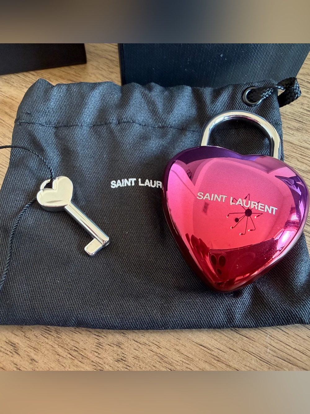 Saint Laurent Metallic Pink Heart Padlock Charm with Key